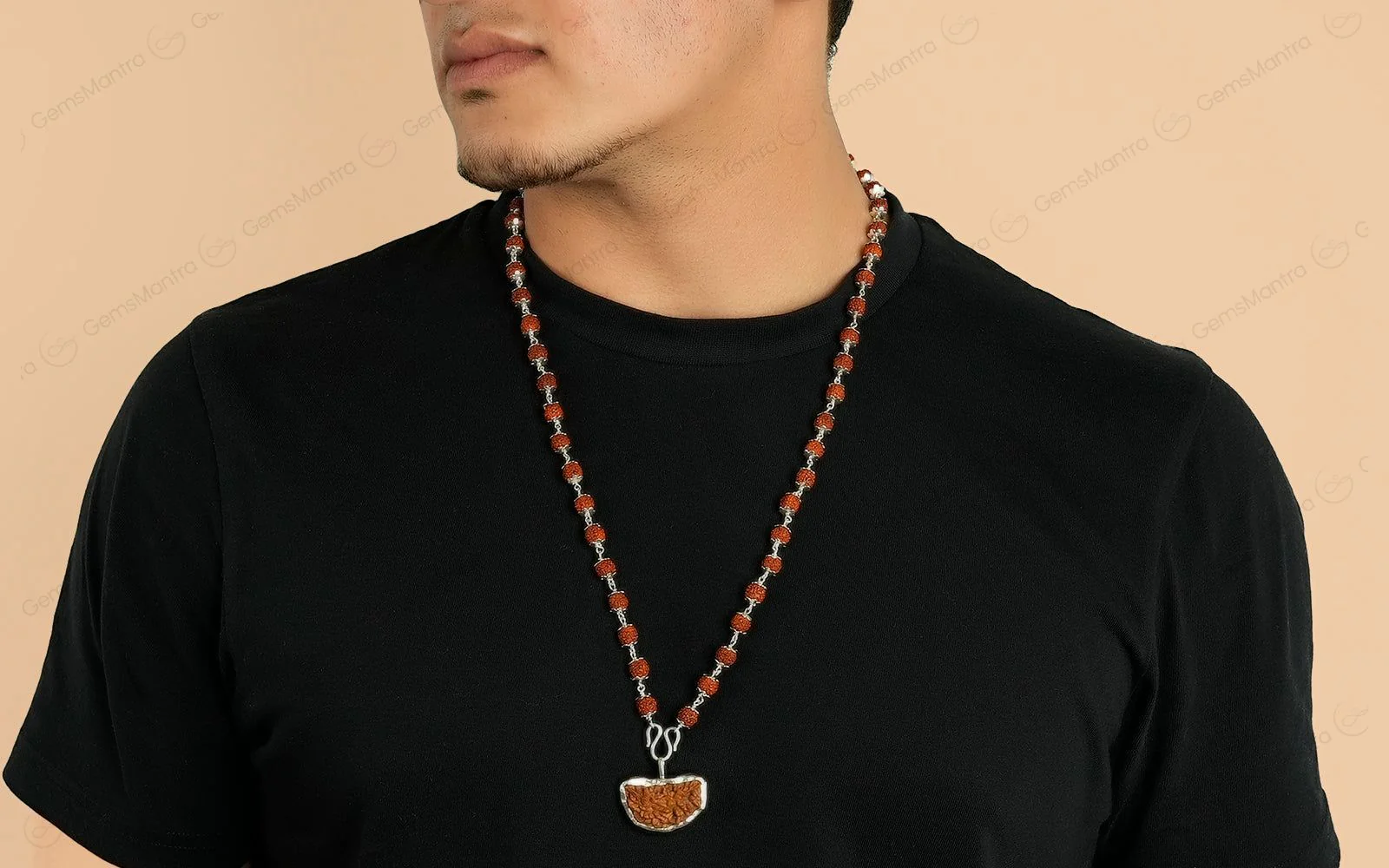 5 Mukhi Silver Rudraksha Mala - with Natural 1 Mukhi Rudraksha Pendant - Image 4