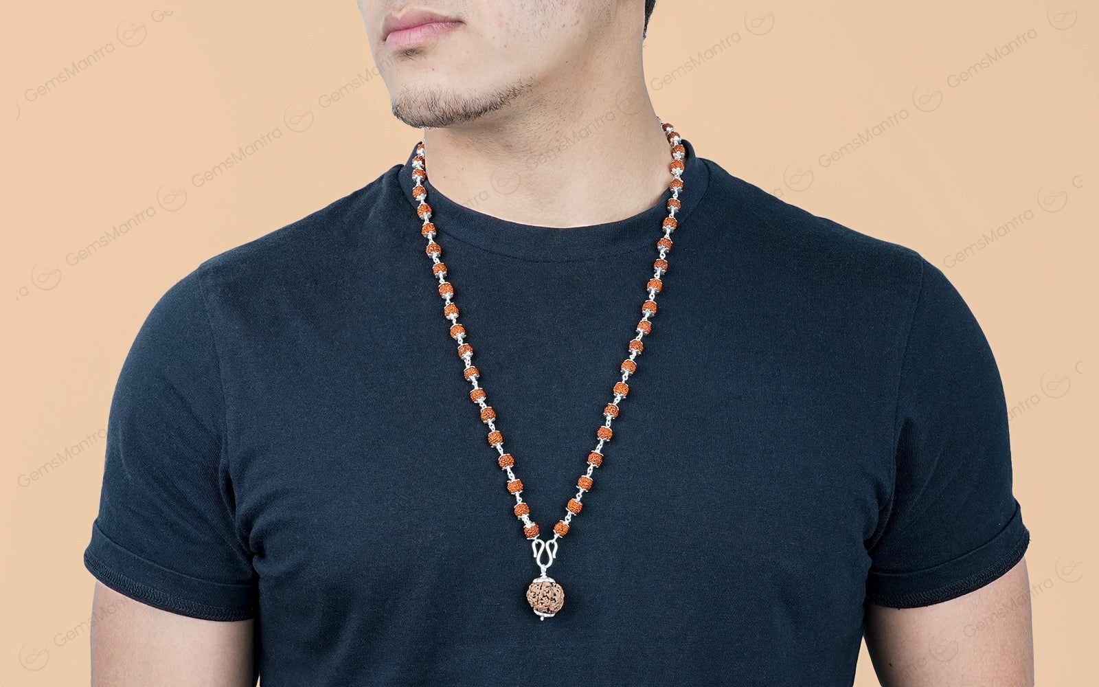 5 Mukhi Silver Rudraksha Mala - with Natural 5 Mukhi Rudraksha Pendant - Image 3