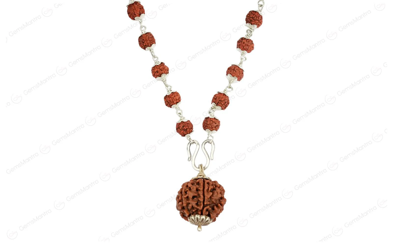 5 Mukhi Silver Rudraksha Mala - with Natural 6 Mukhi Rudraksha Pendant - Image 3