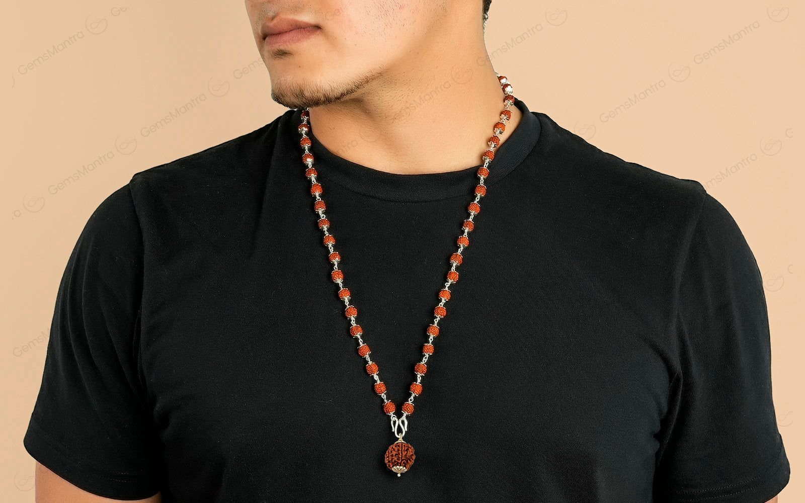 5 Mukhi Silver Rudraksha Mala - with Natural 6 Mukhi Rudraksha Pendant - Image 5