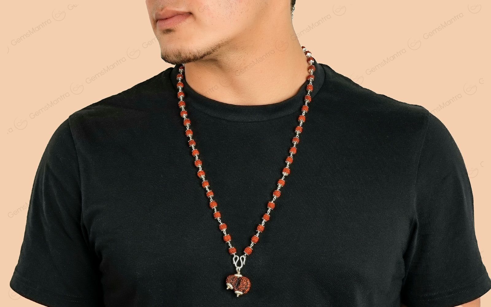 5 Mukhi Silver Rudraksha Mala - with Natural Garbh-Gauri Rudraksha Pendant - Image 5