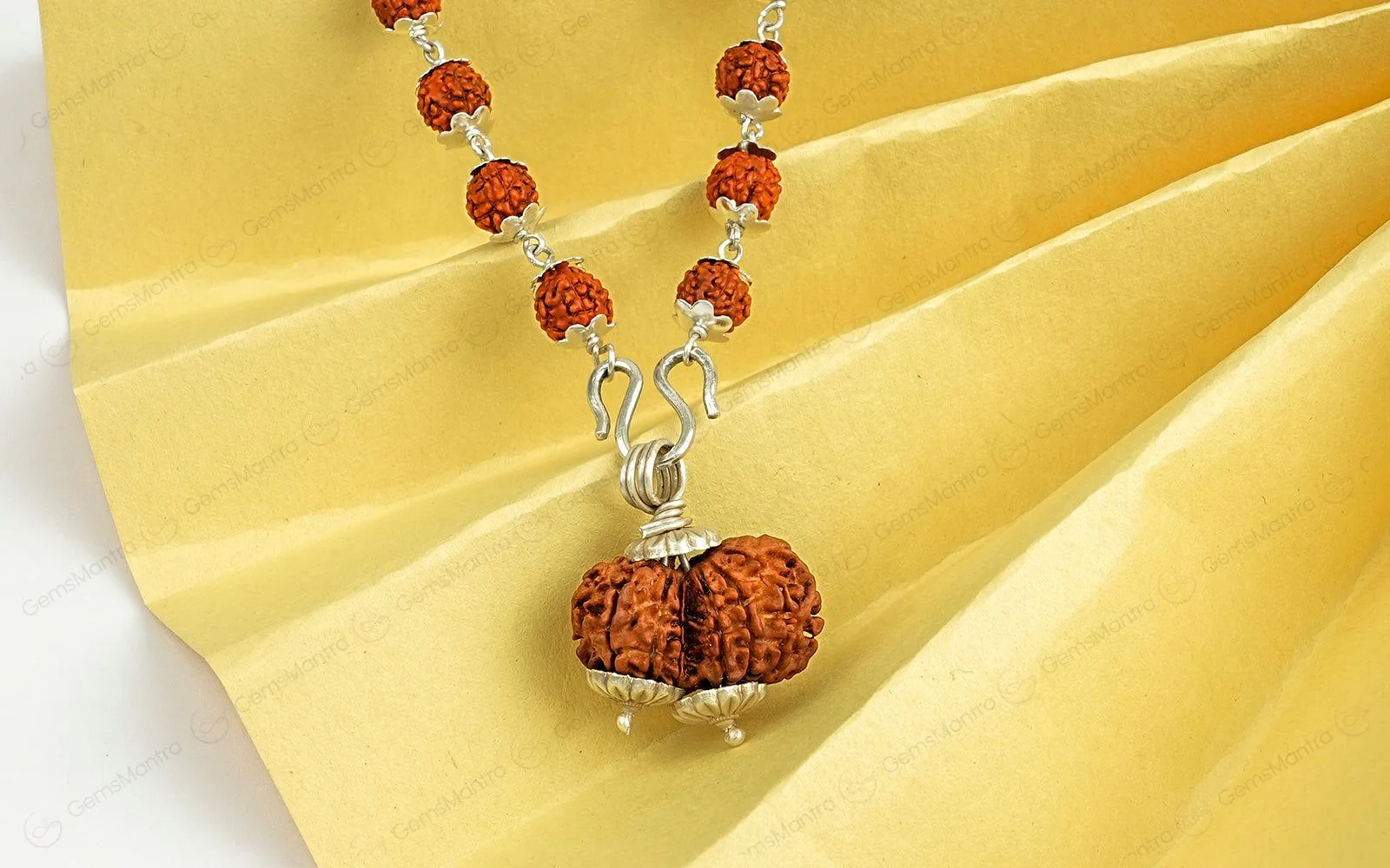 5 Mukhi Silver Rudraksha Mala - with Natural Gauri-Shankar Rudraksha Pendant - Image 4
