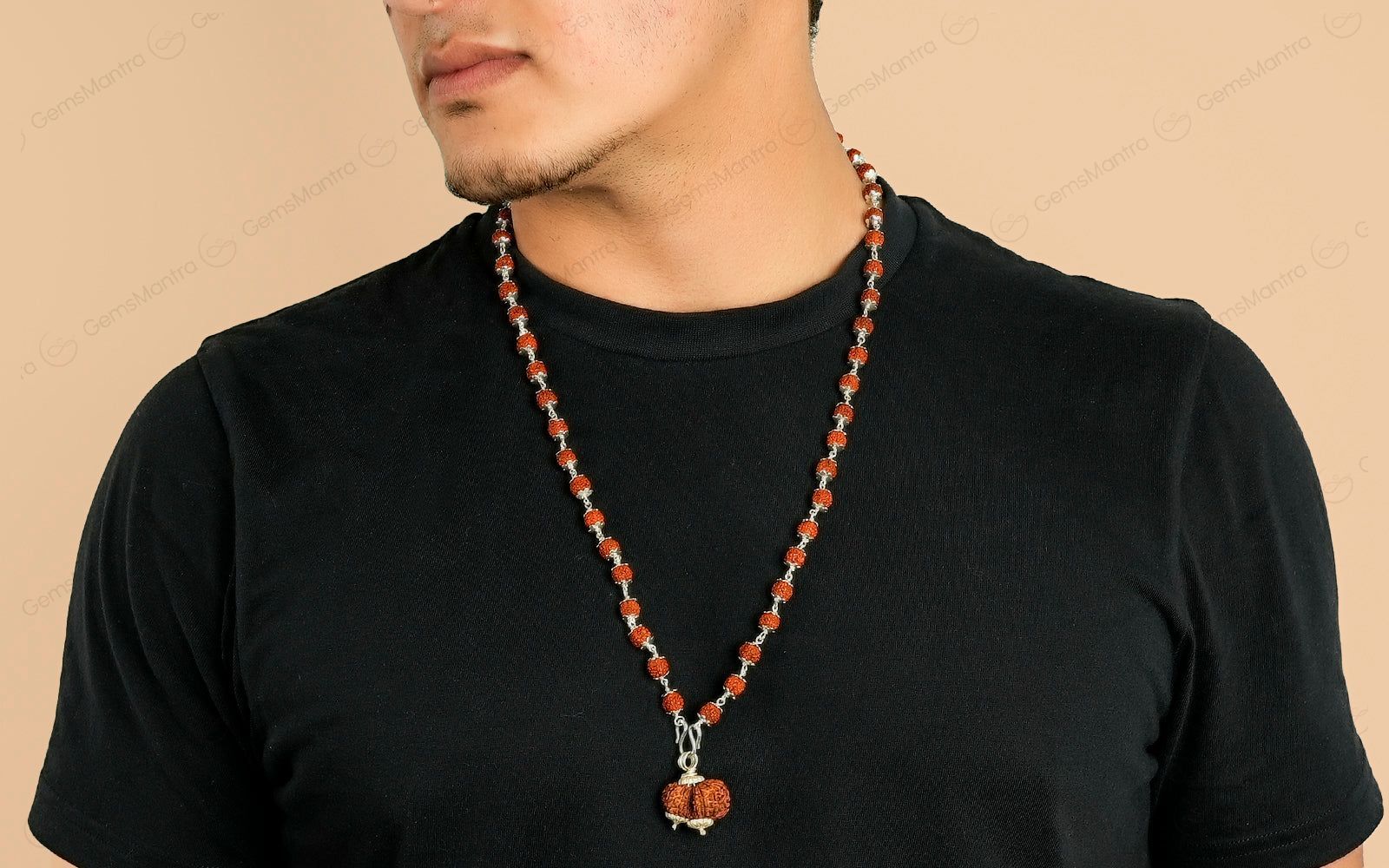 5 Mukhi Silver Rudraksha Mala - with Natural Gauri-Shankar Rudraksha Pendant - Image 5