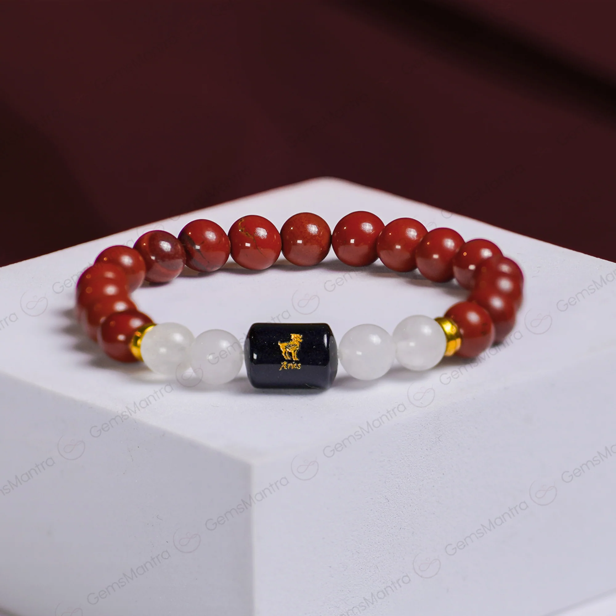 Aries Zodiac Mesh Rashi Bracelet with Red  Jasper & Moonstone - Image 3