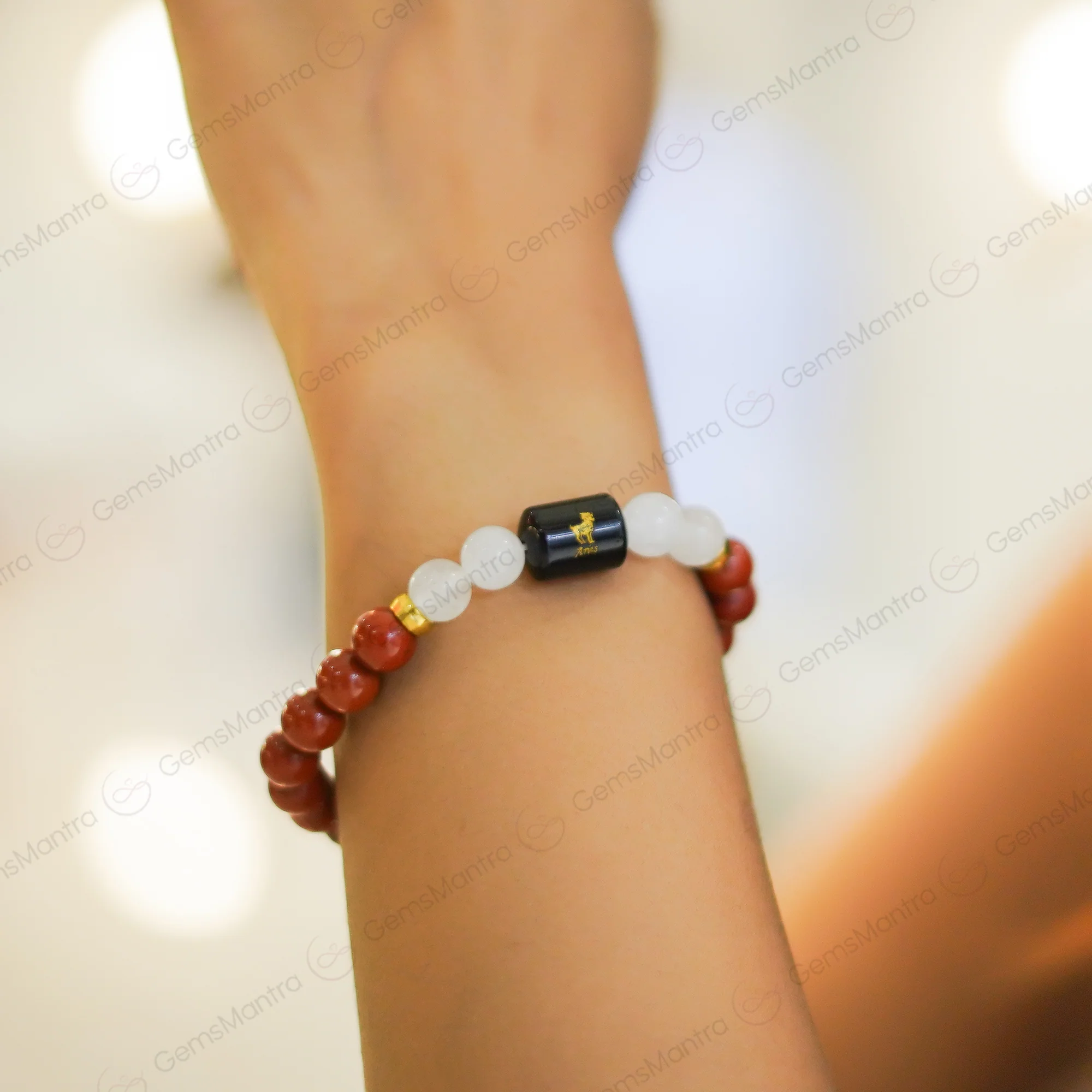 Aries Zodiac Mesh Rashi Bracelet with Red  Jasper & Moonstone - Image 5