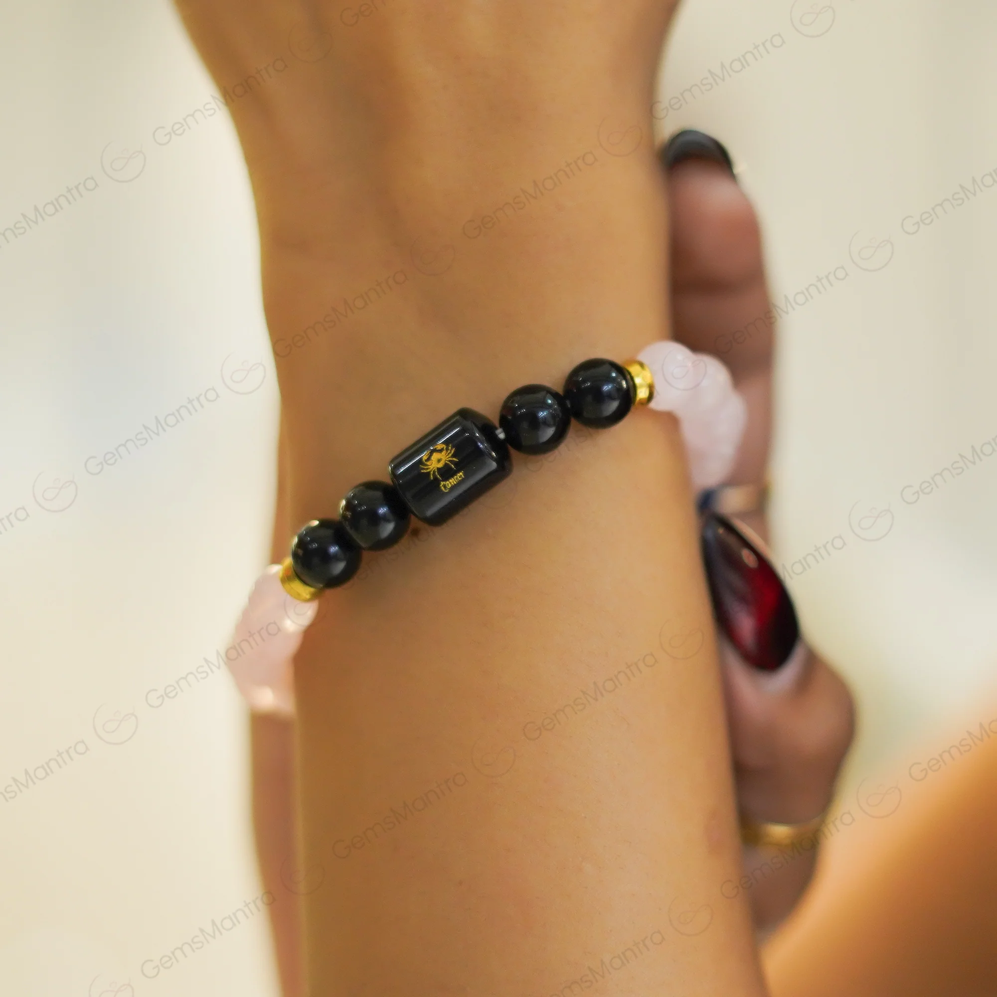 Cancer Zodiac Kark Rashi Bracelet with Rose Quartz & Black Tourmaline - Image 4