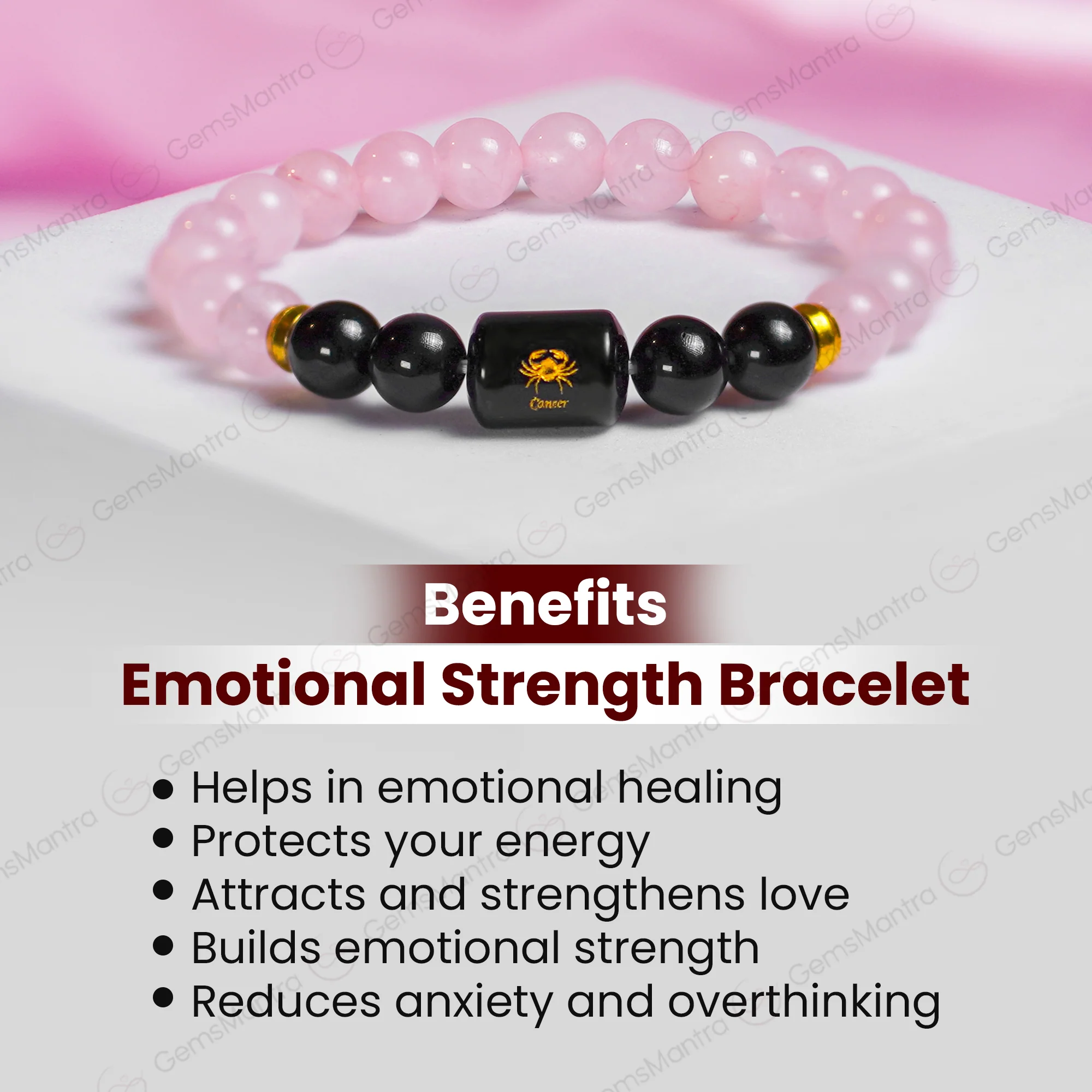 Cancer Zodiac Kark Rashi Bracelet with Rose Quartz & Black Tourmaline - Image 5