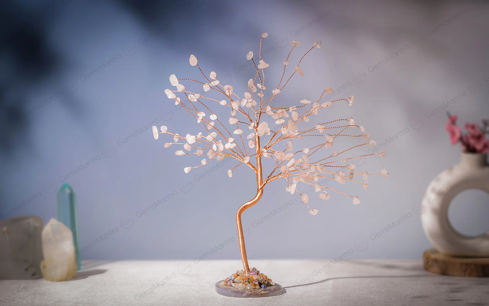 Rose Quartz With Agate Plate Large Tree