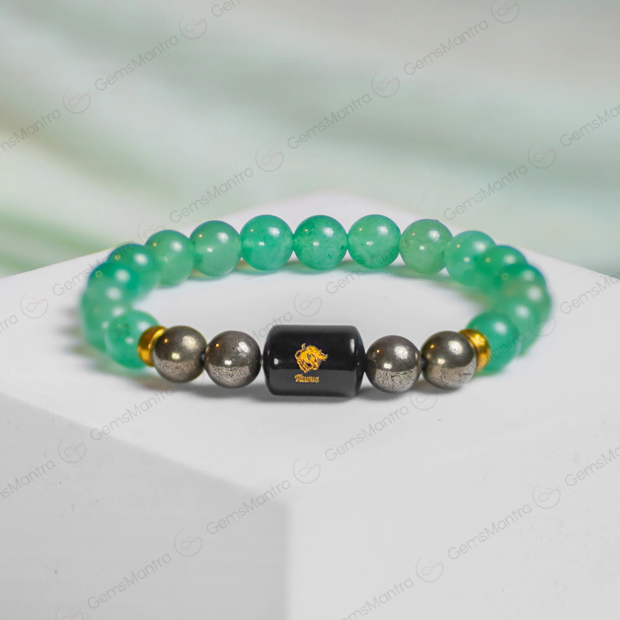 Taurus Zodiac Vrishabh Rashi Bracelet with Green Aventurine and Pyrite - Image 3