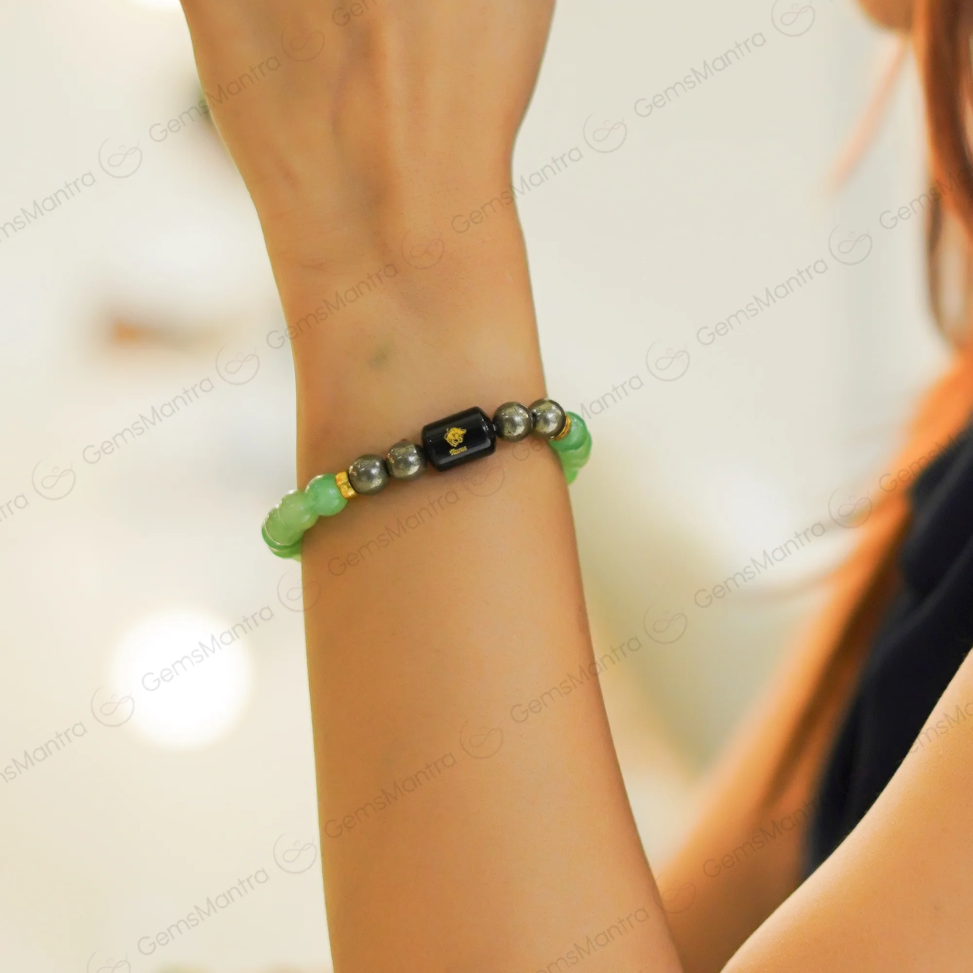 Taurus Zodiac Vrishabh Rashi Bracelet with Green Aventurine and Pyrite - Image 4