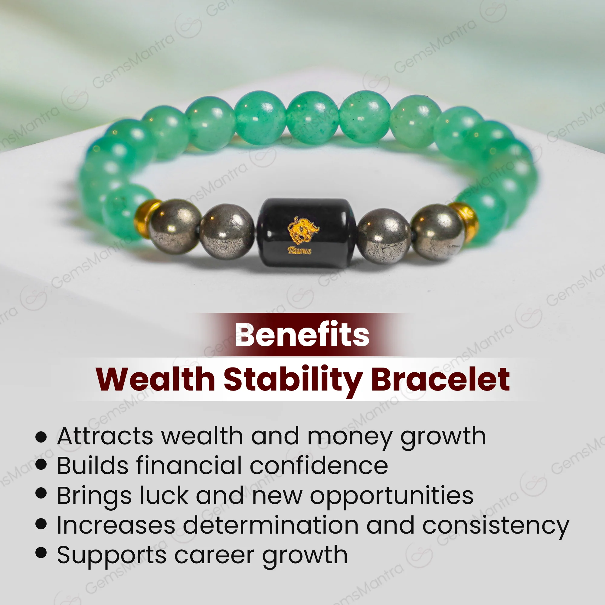 Taurus Zodiac Vrishabh Rashi Bracelet with Green Aventurine and Pyrite - Image 5