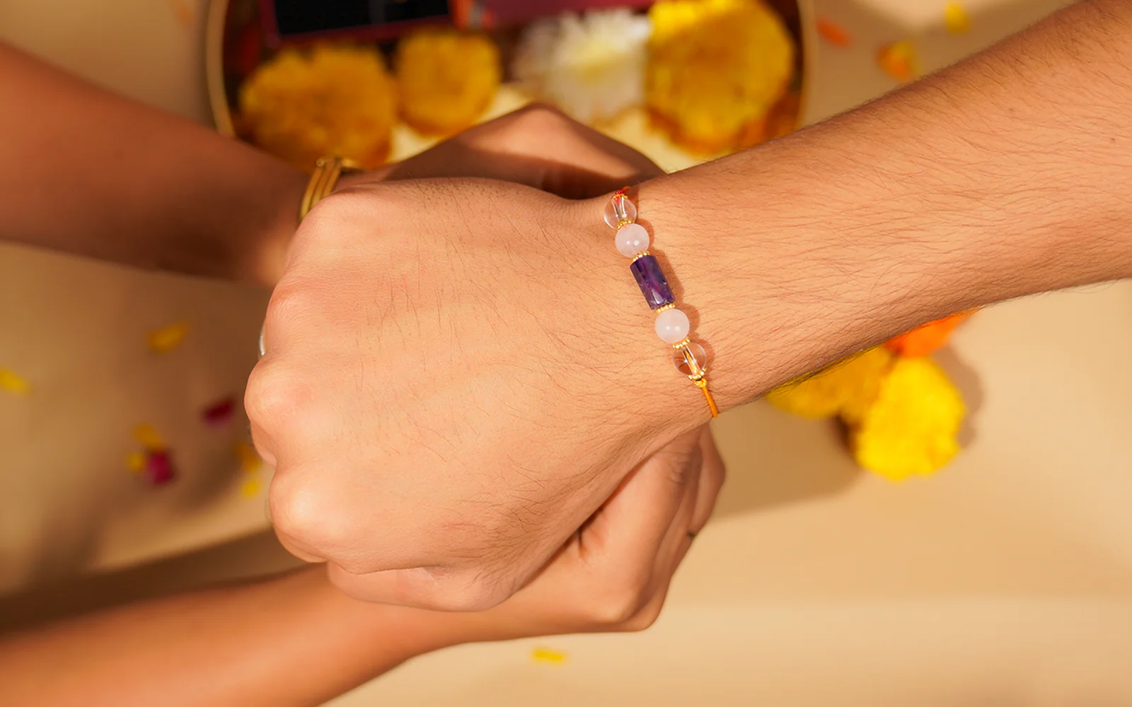 Triple Crystal Healing Rakhi - Amethyst, Rose Quartz & Clear Quartz Bead For Inner Peace & Love - Image 4